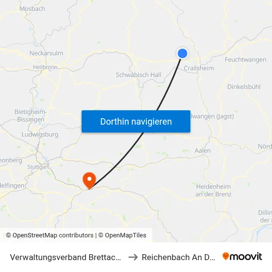 Verwaltungsverband Brettach/Jagst to Reichenbach An Der Fils map