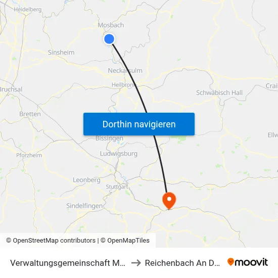 Verwaltungsgemeinschaft Mosbach to Reichenbach An Der Fils map