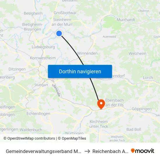 Gemeindeverwaltungsverband Marbach am Neckar to Reichenbach An Der Fils map