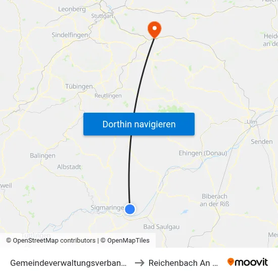 Gemeindeverwaltungsverband Mengen to Reichenbach An Der Fils map