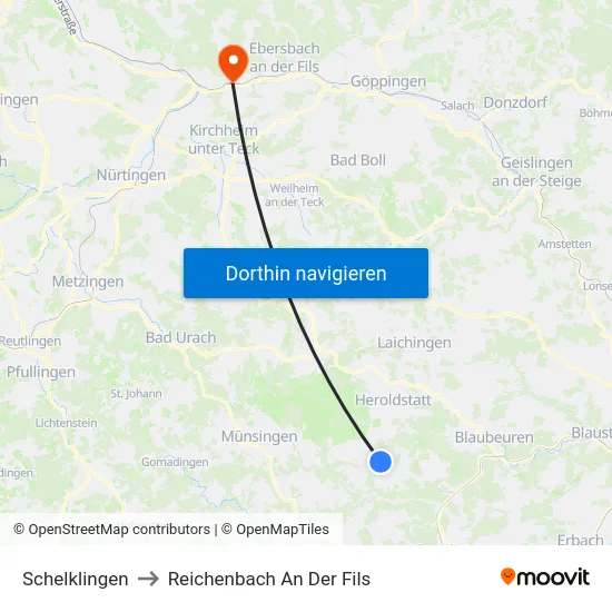 Schelklingen to Reichenbach An Der Fils map