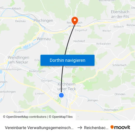 Vereinbarte Verwaltungsgemeinschaft Der Stadt Kirchheim Unter Teck to Reichenbach An Der Fils map