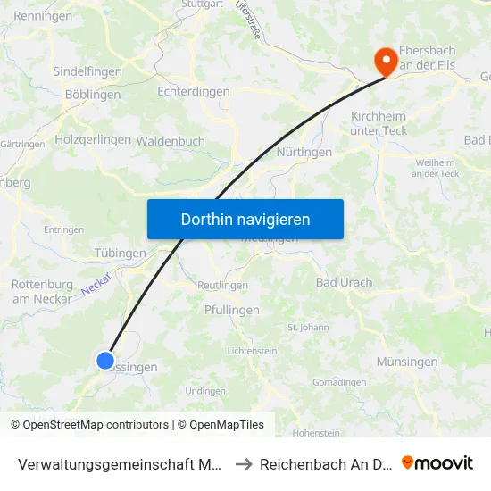 Verwaltungsgemeinschaft Mössingen to Reichenbach An Der Fils map