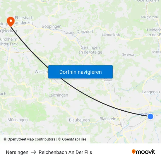 Nersingen to Reichenbach An Der Fils map