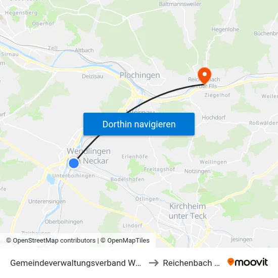 Gemeindeverwaltungsverband Wendlingen am Neckar to Reichenbach An Der Fils map