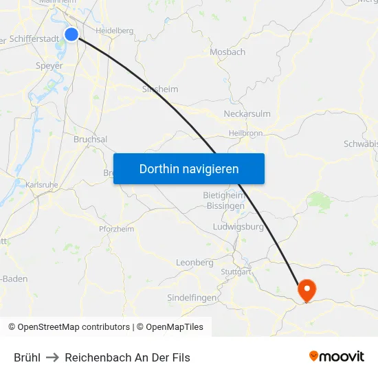 Brühl to Reichenbach An Der Fils map