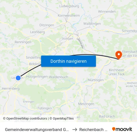 Gemeindeverwaltungsverband Gärtringen/Ehningen to Reichenbach An Der Fils map
