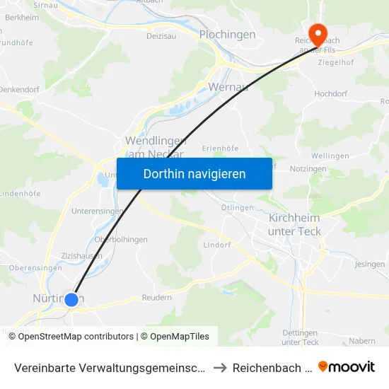 Vereinbarte Verwaltungsgemeinschaft Der Stadt Nürtingen to Reichenbach An Der Fils map