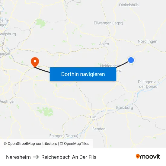 Neresheim to Reichenbach An Der Fils map