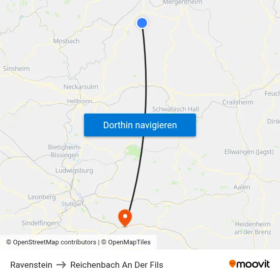 Ravenstein to Reichenbach An Der Fils map
