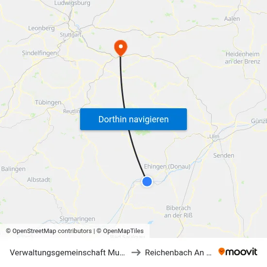 Verwaltungsgemeinschaft Munderkingen to Reichenbach An Der Fils map