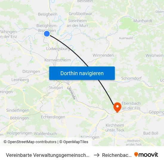 Vereinbarte Verwaltungsgemeinschaft Der Stadt Bietigheim-Bissingen to Reichenbach An Der Fils map
