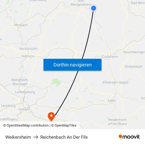 Weikersheim to Reichenbach An Der Fils map
