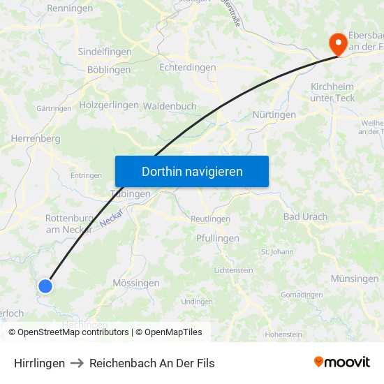 Hirrlingen to Reichenbach An Der Fils map