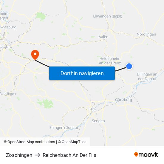 Zöschingen to Reichenbach An Der Fils map