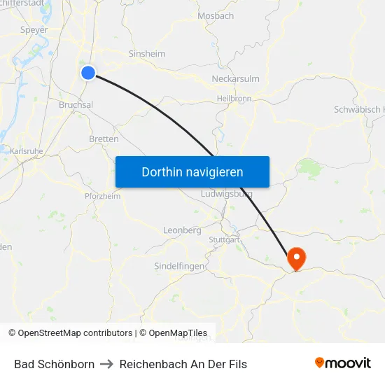 Bad Schönborn to Reichenbach An Der Fils map