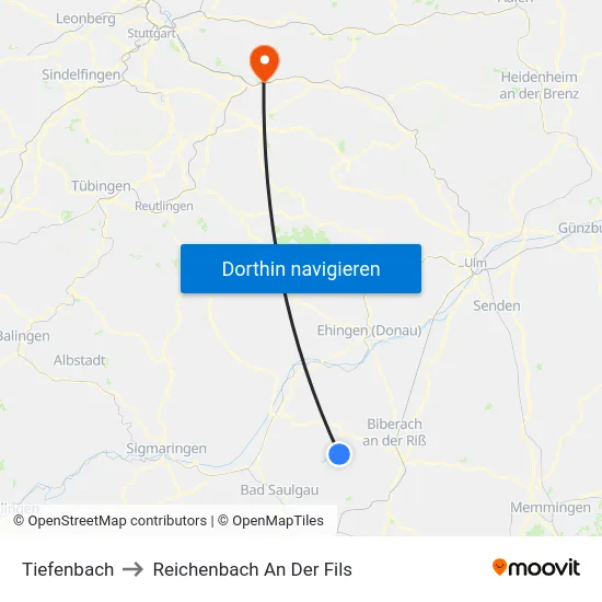 Tiefenbach to Reichenbach An Der Fils map