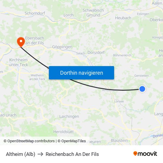 Altheim (Alb) to Reichenbach An Der Fils map