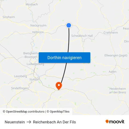 Neuenstein to Reichenbach An Der Fils map