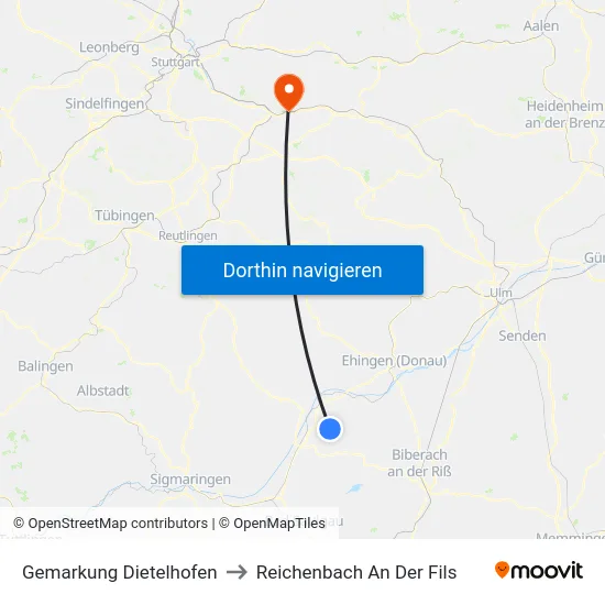 Gemarkung Dietelhofen to Reichenbach An Der Fils map