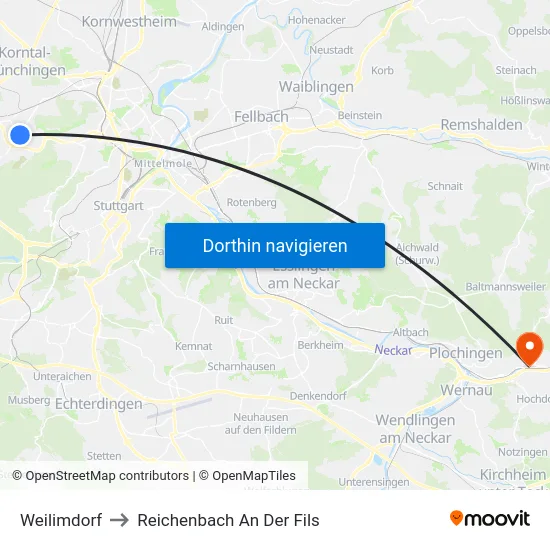 Weilimdorf to Reichenbach An Der Fils map