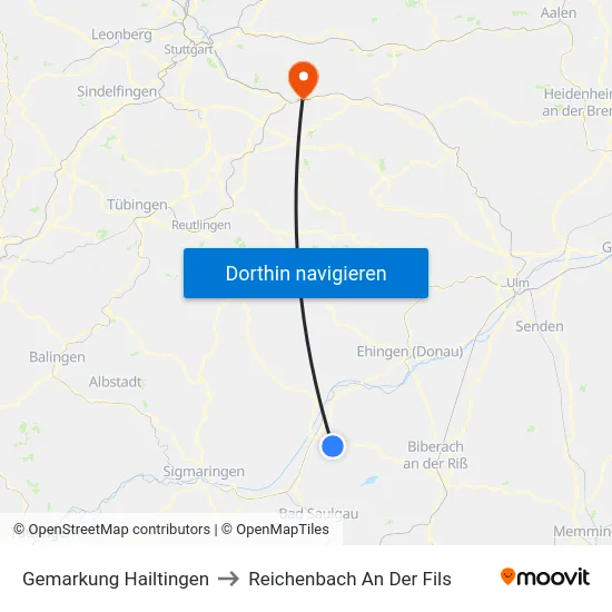 Gemarkung Hailtingen to Reichenbach An Der Fils map