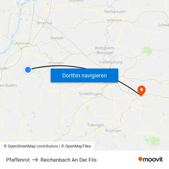 Pfaffenrot to Reichenbach An Der Fils map