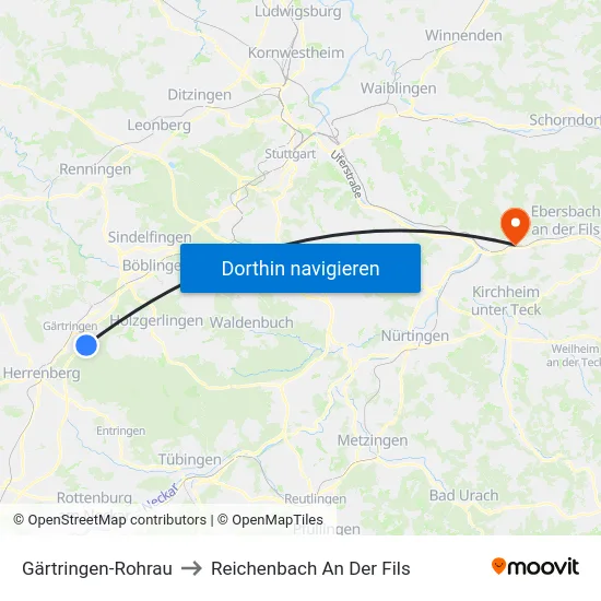 Gärtringen-Rohrau to Reichenbach An Der Fils map