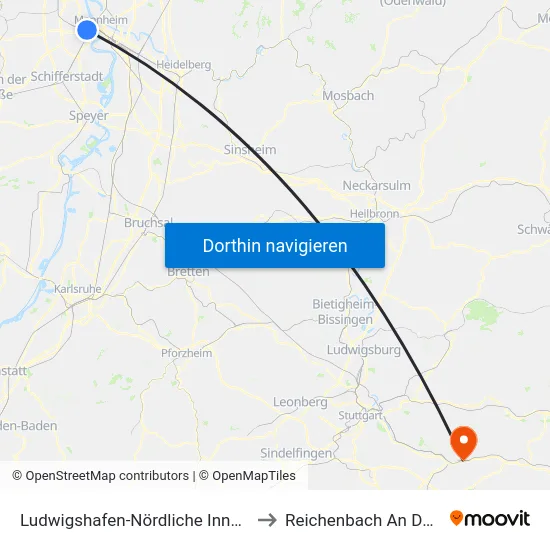 Ludwigshafen-Nördliche Innenstadt to Reichenbach An Der Fils map