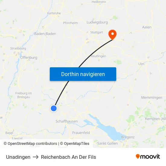 Unadingen to Reichenbach An Der Fils map