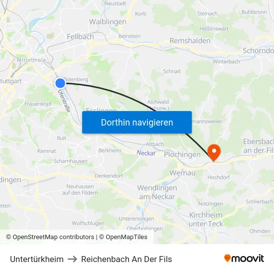 Untertürkheim to Reichenbach An Der Fils map