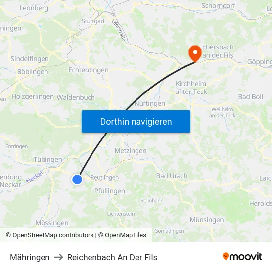 Mähringen to Reichenbach An Der Fils map