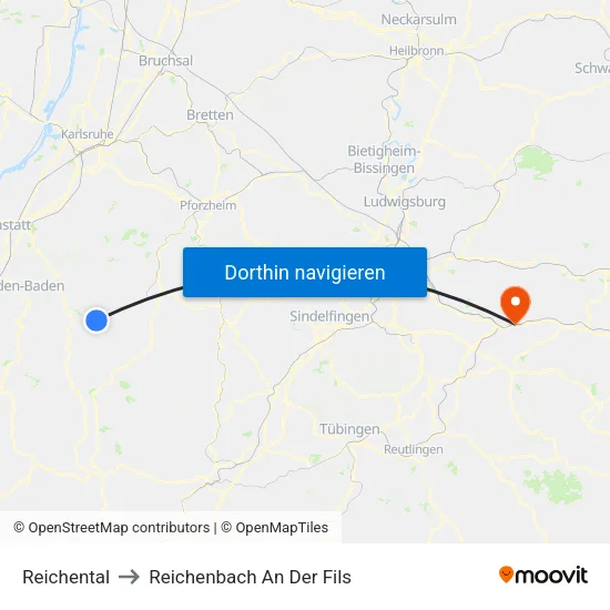 Reichental to Reichenbach An Der Fils map
