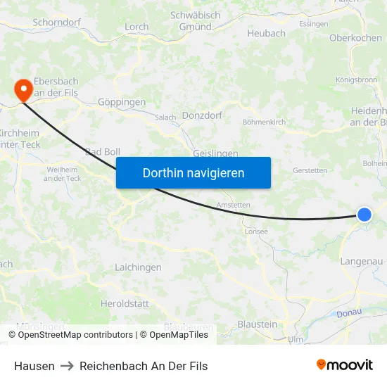 Hausen to Reichenbach An Der Fils map