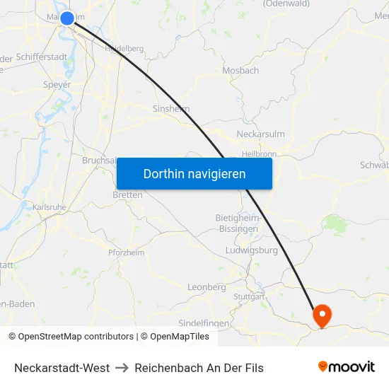 Neckarstadt-West to Reichenbach An Der Fils map