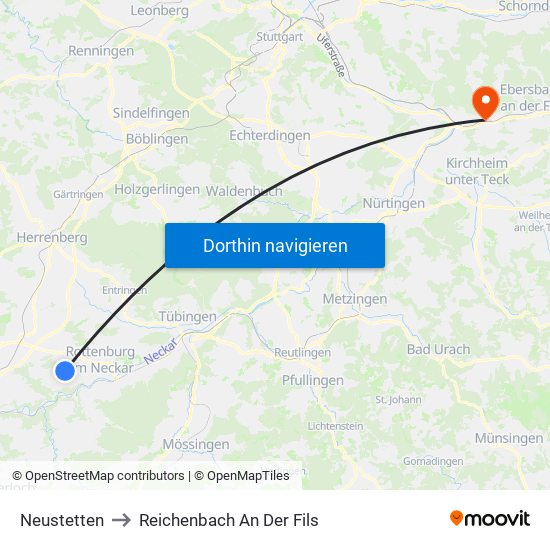 Neustetten to Reichenbach An Der Fils map