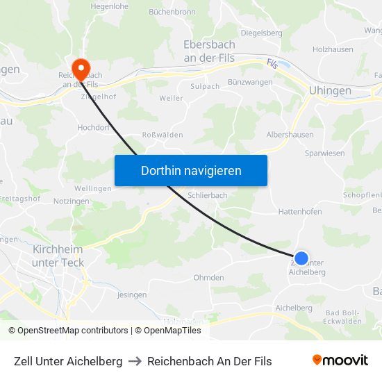 Zell Unter Aichelberg to Reichenbach An Der Fils map