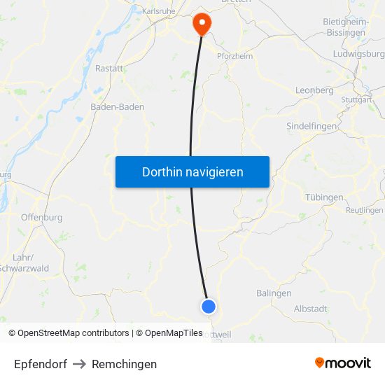 Epfendorf to Remchingen map