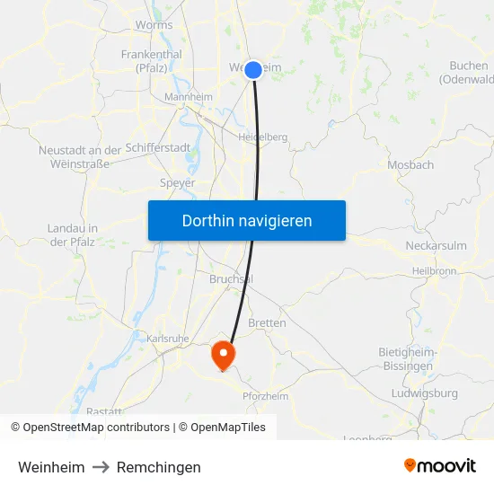 Weinheim to Remchingen map