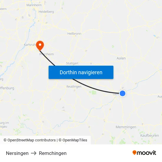 Nersingen to Remchingen map