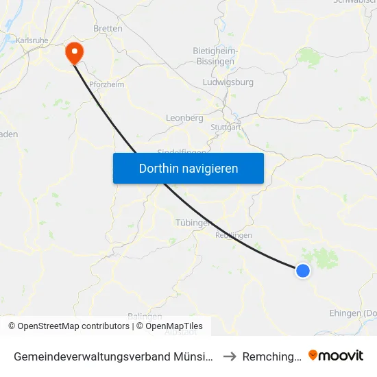 Gemeindeverwaltungsverband Münsingen to Remchingen map