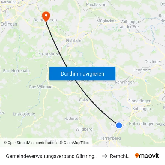 Gemeindeverwaltungsverband Gärtringen/Ehningen to Remchingen map
