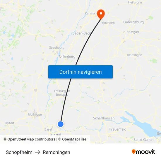 Schopfheim to Remchingen map