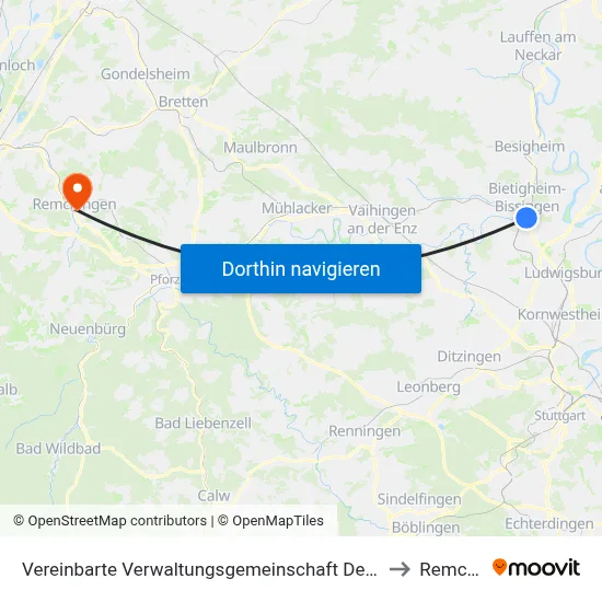 Vereinbarte Verwaltungsgemeinschaft Der Stadt Bietigheim-Bissingen to Remchingen map