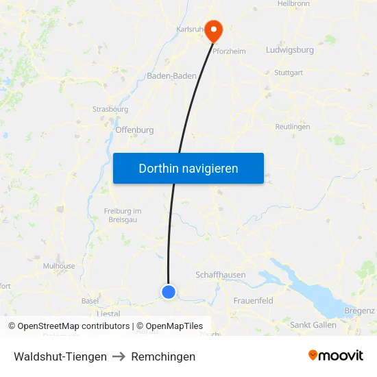 Waldshut-Tiengen to Remchingen map