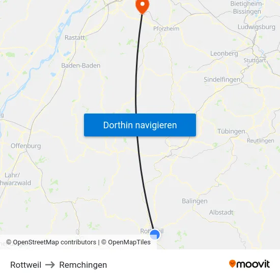 Rottweil to Remchingen map