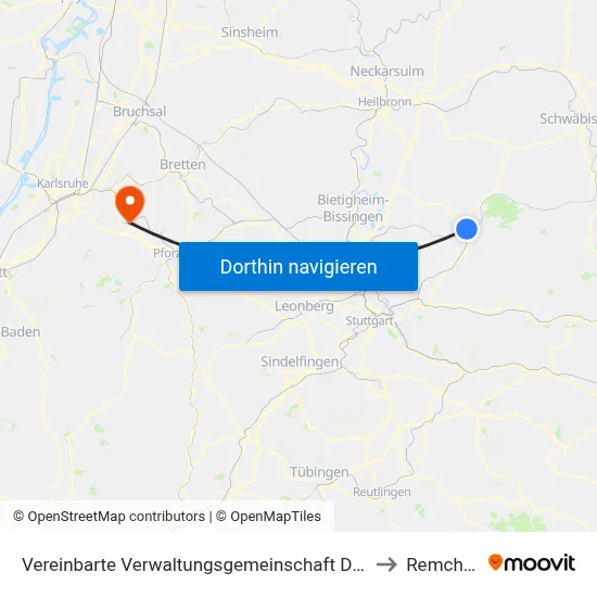 Vereinbarte Verwaltungsgemeinschaft Der Stadt Backnang to Remchingen map