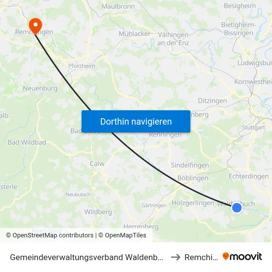 Gemeindeverwaltungsverband Waldenbuch/Steinenbronn to Remchingen map