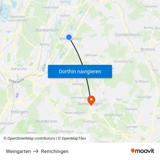 Weingarten to Remchingen map