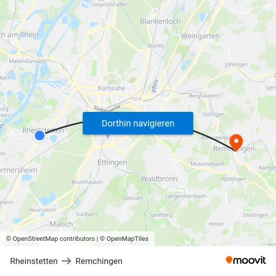 Rheinstetten to Remchingen map